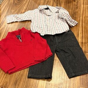 Nautica Red Sweater and Plaid Button Down Shirt Set